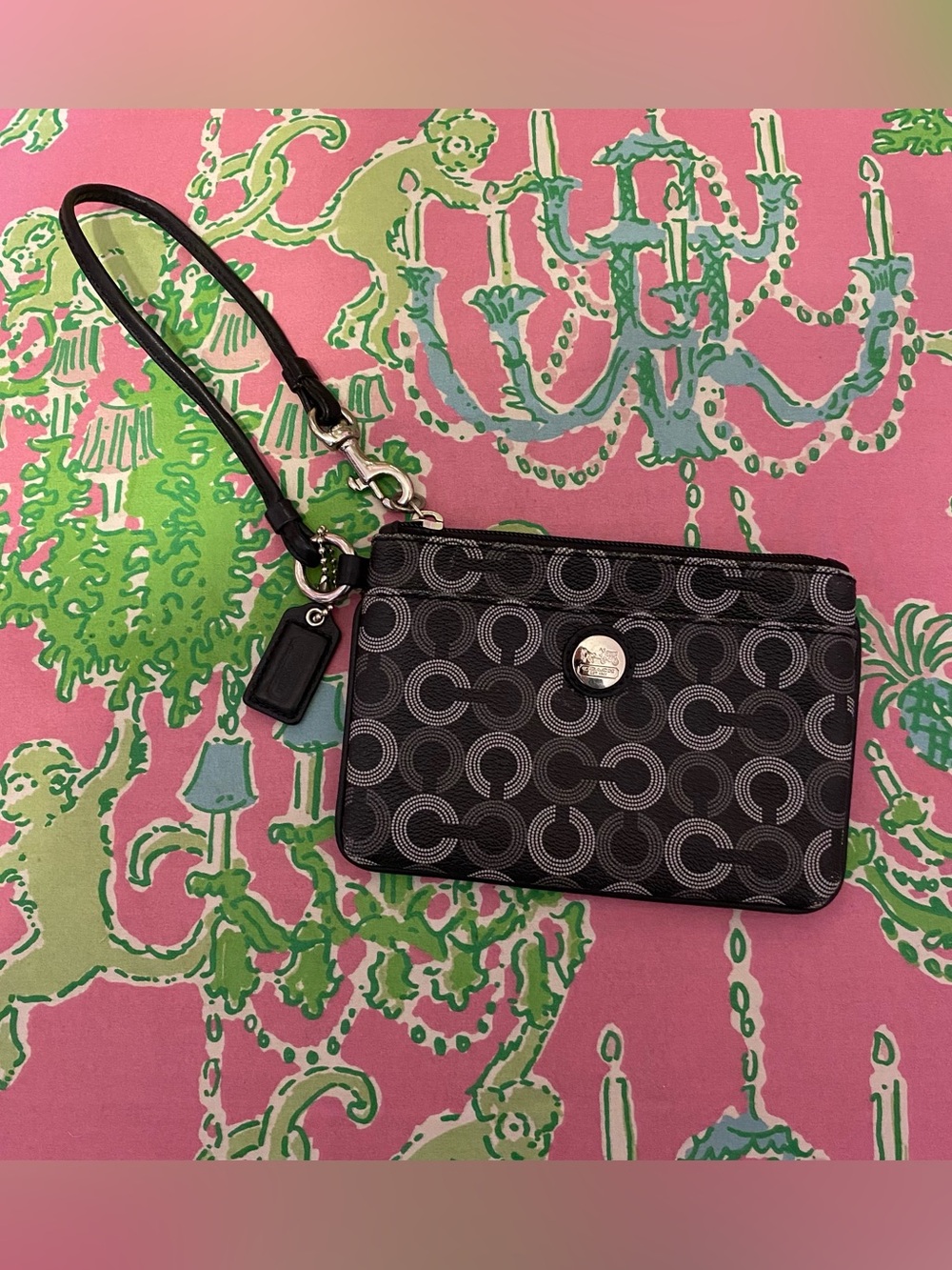 Coach Waverly Black and Gray Dotted Signature Wristlet